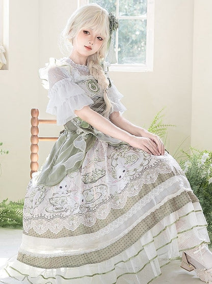 Dress Green with Trimmings Print and Layered Rabbit Country Teacup Lace Lolita