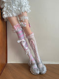 Stockings/Pink Pink Straps Stockings/White Overknee Self-tie Socks/Leg Underknee White Striped Lace Ruffle Loop