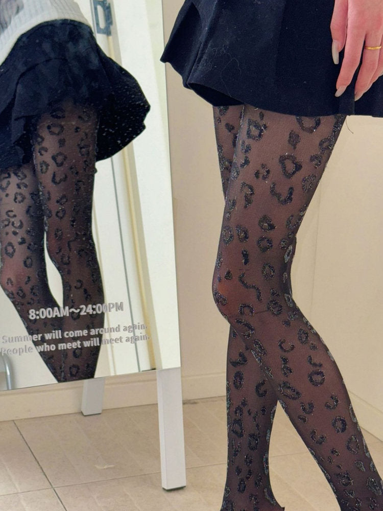 Semi-Sheer Pantyhose Glitter Print Leopard