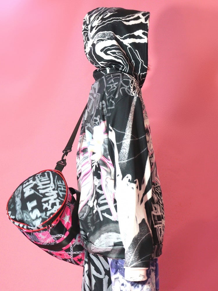 Verschluss Druck Schwarz Zip Brief Hoodie Muster Knochen Große Schleife Gyaru Mode