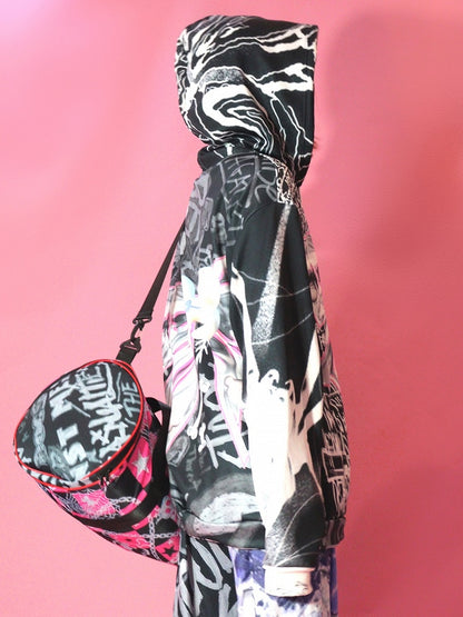 Letter Bow Black Gyaru Closure Hoodie Zip Print Big Pattern Fashion Bone