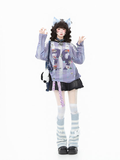 with Striped Sleeve Print Cartoon Long Top Purple/Pink Breathable