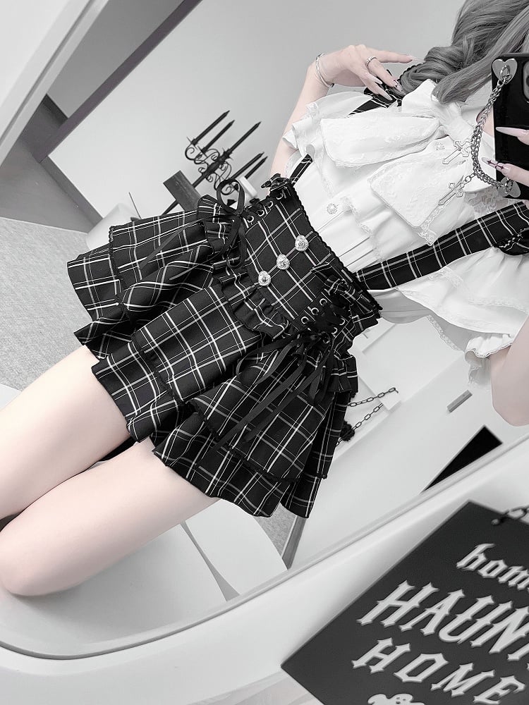 Skirt:Black Kei Plaid Straps Suspender High-Waistwith Detachable Convertible Jirai