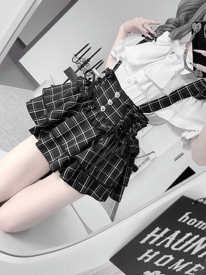 Skirt:Black Kei Plaid Straps Suspender High-Waistwith Detachable Convertible Jirai