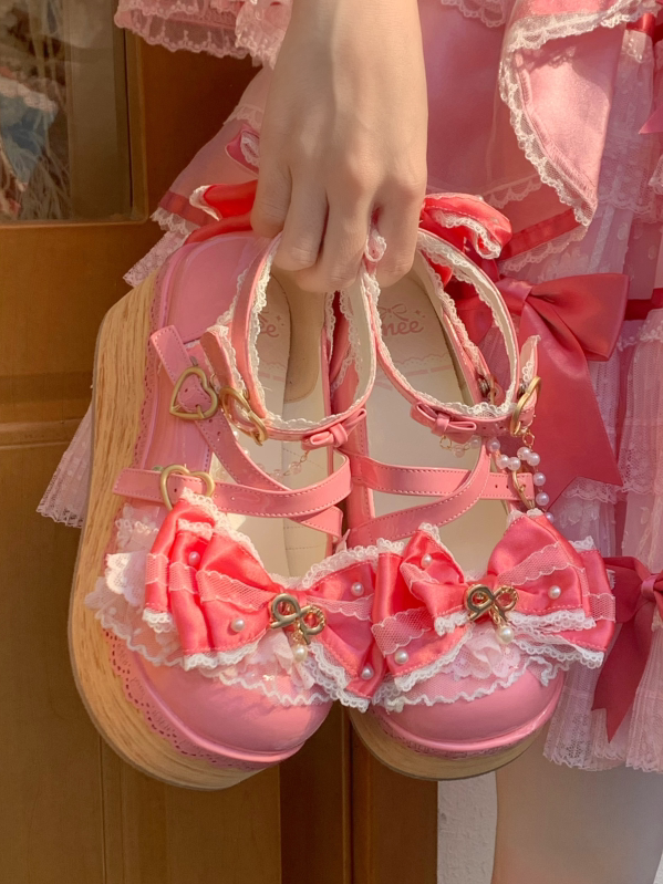 Dark Pink Removable Organza Bow Accents Hanayome Lolita Platform Shoes