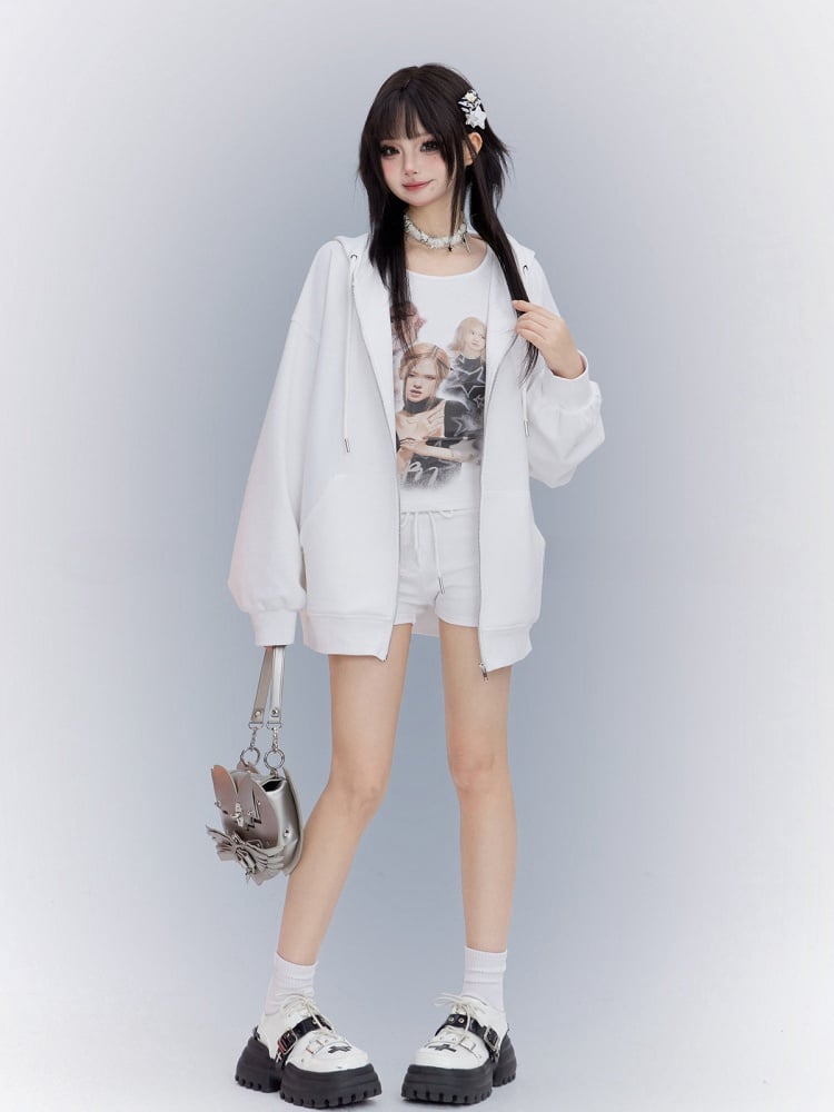 Sports Tank Three-pieces White Set-Zip Top+Shorts Closure Hoodie+Graphic