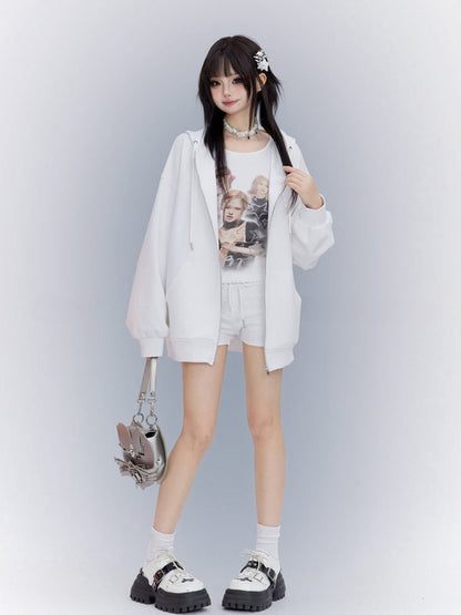 Sports Tank Three-pieces White Set-Zip Top+Shorts Closure Hoodie+Graphic