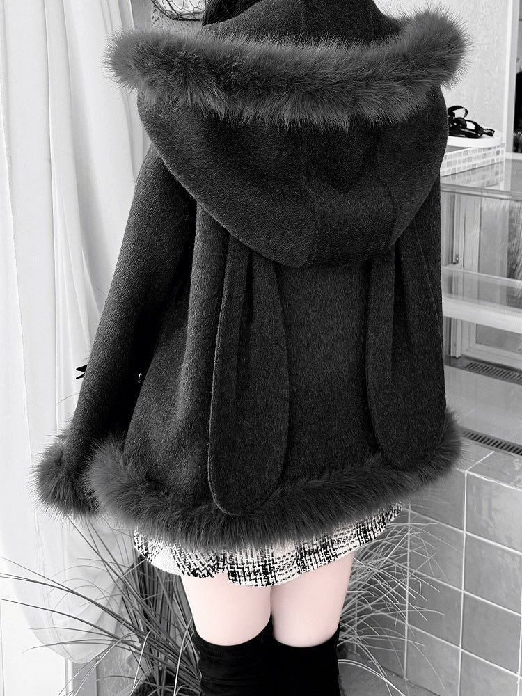 Clean & Innocent Black Jirai Kei Wool Cape Coat - Detachable Bunny Ears & Plush Edge Detailing