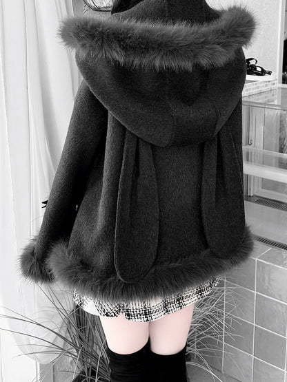 Clean & Innocent Black Jirai Kei Wool Cape Coat - Detachable Bunny Ears & Plush Edge Detailing