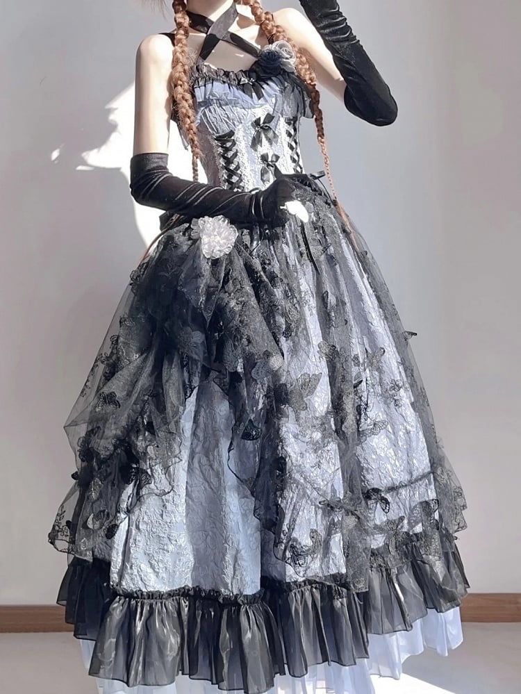 Details Floral Embossed Black Hanayome-style with Blue Lace and Dress Hime Bow Dark Lolita