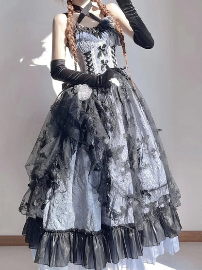 Details Floral Embossed Black Hanayome-style with Blue Lace and Dress Hime Bow Dark Lolita