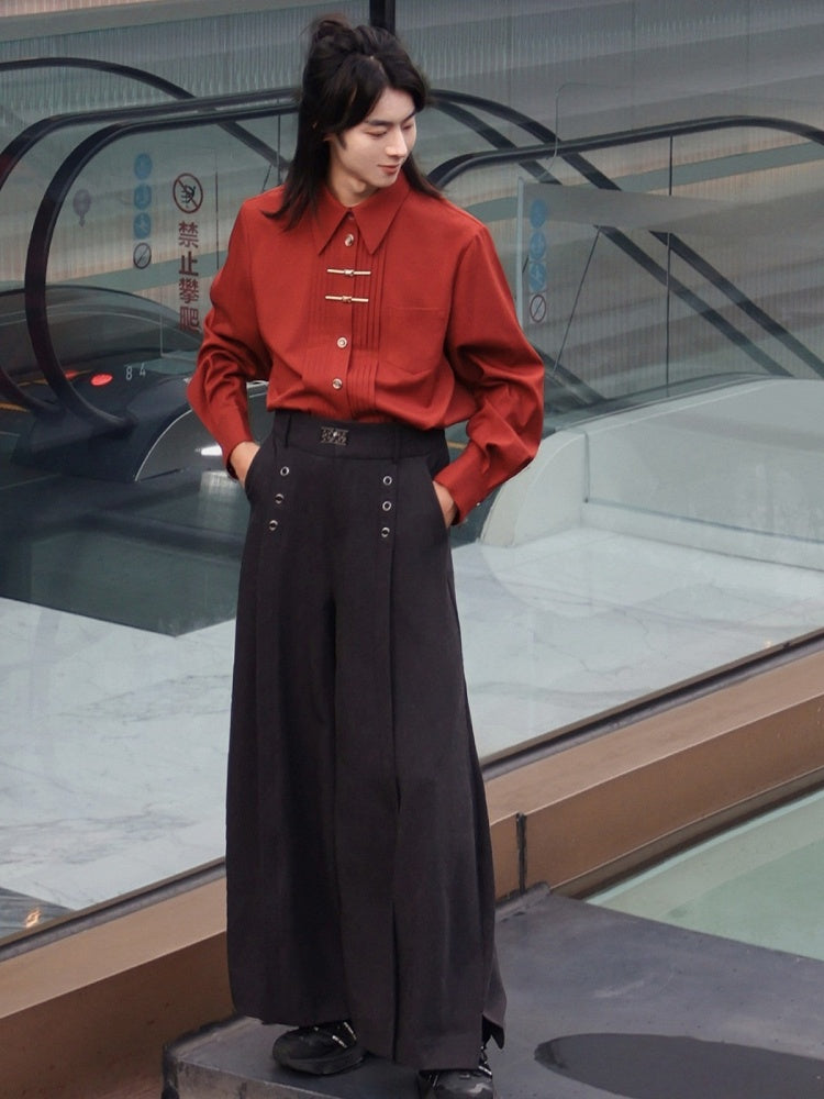 Pleated Accordion Long Sleeve Shirt in Red with Metal Frog Button Details - Feng Hua Gui Guo Ling