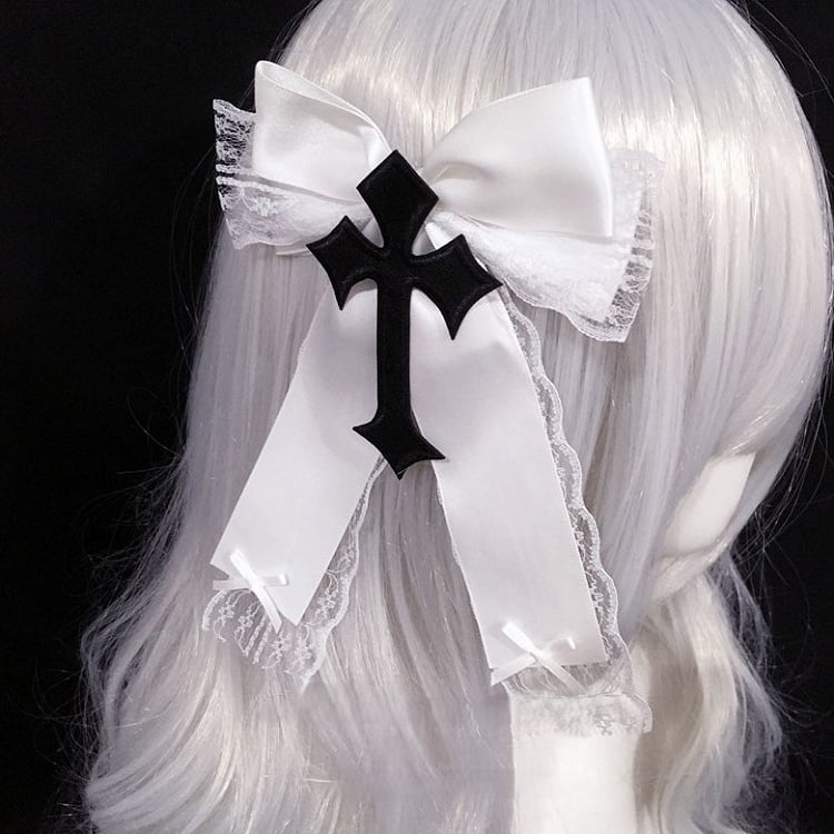 Cross Hairclip with Black/White Bow Lace Trim Decorated