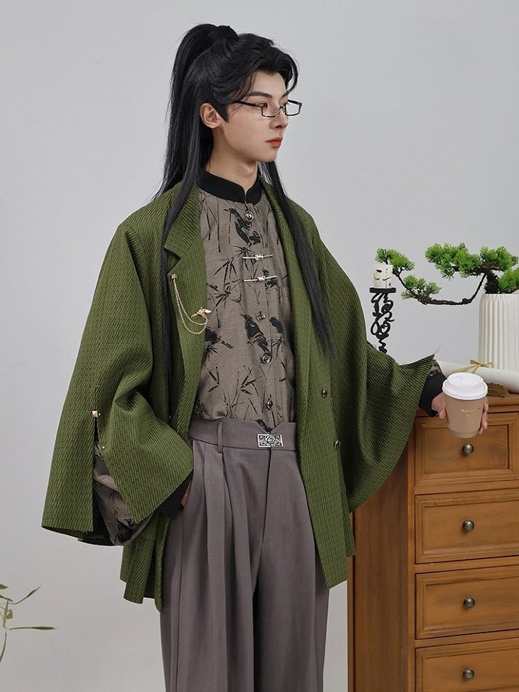 Blazer Front Slit Cuff Green Style Unisex Notched with Design Collar - Chinese Double-Breasted