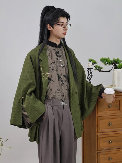 Blazer Front Slit Cuff Green Style Unisex Notched with Design Collar - Chinese Double-Breasted