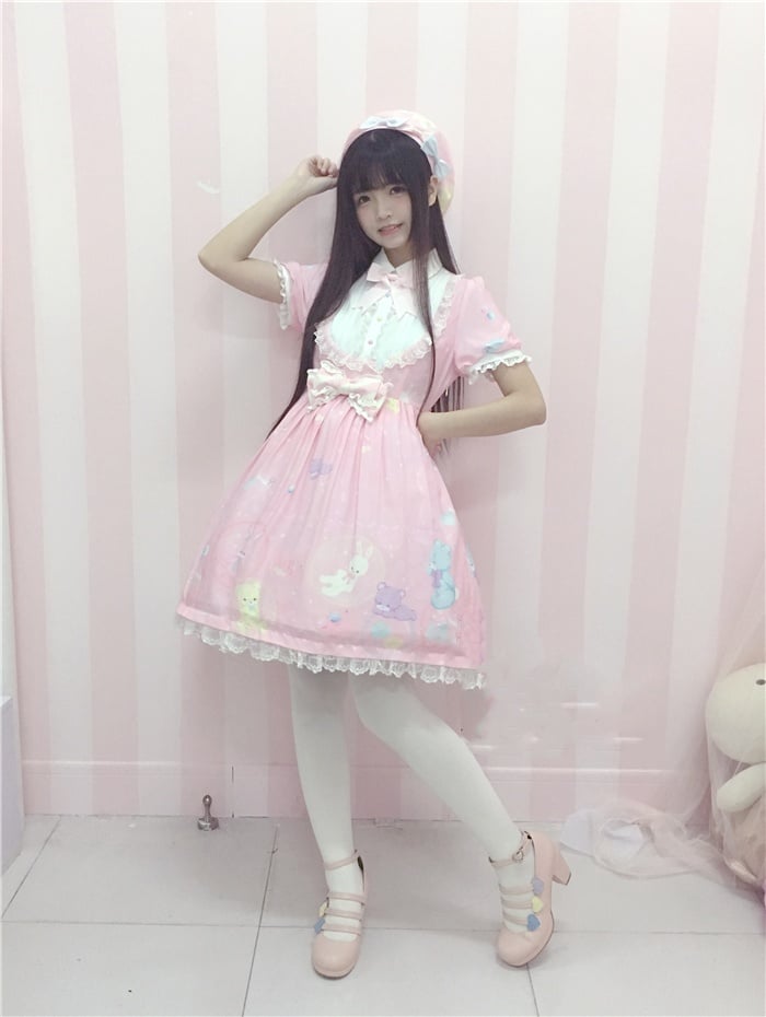 Bubble Zoo Lolita Dress One Piece Pink Sweet Details Chiffon Bowknot