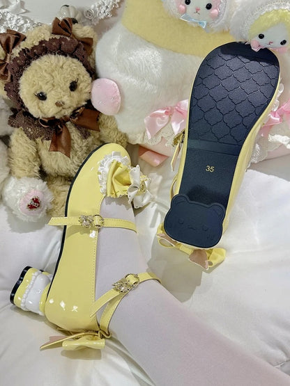 Sweet Mary Lolita Decor Bows Heel with Yellow Mid-heel Janes Bear