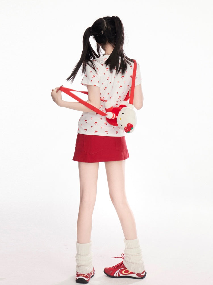 ホワイト オールオーバー チェリープリント ラインストーン レター Tシャツ