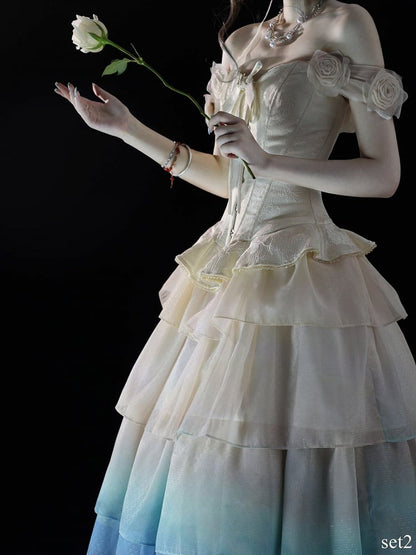 with Gradient Top Beige Floral-Embellished Off-Shoulder Corset Skirt Tiered