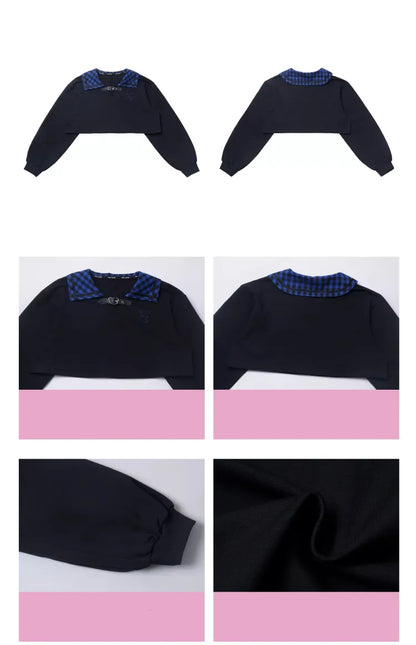 ブルーフリーダークスウェットシャツ、キャミカラートップ、チェック柄クロップド丈、ブラック