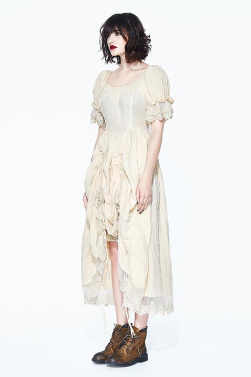 Creamy White Punk Victorian Drawstring Embroidered Lace Dress for Women