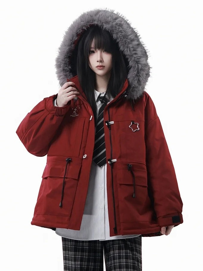 Parka unisexe d'hiver rouge à capuche et fourrure en peluche