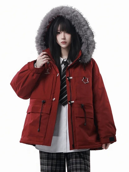 Parka unisexe d'hiver rouge à capuche et fourrure en peluche