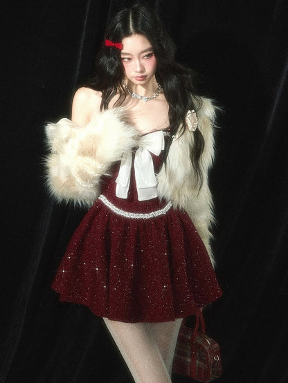 Weihnachtsrotes Tweed-Unterkleid mit Schleife und Perlendetails