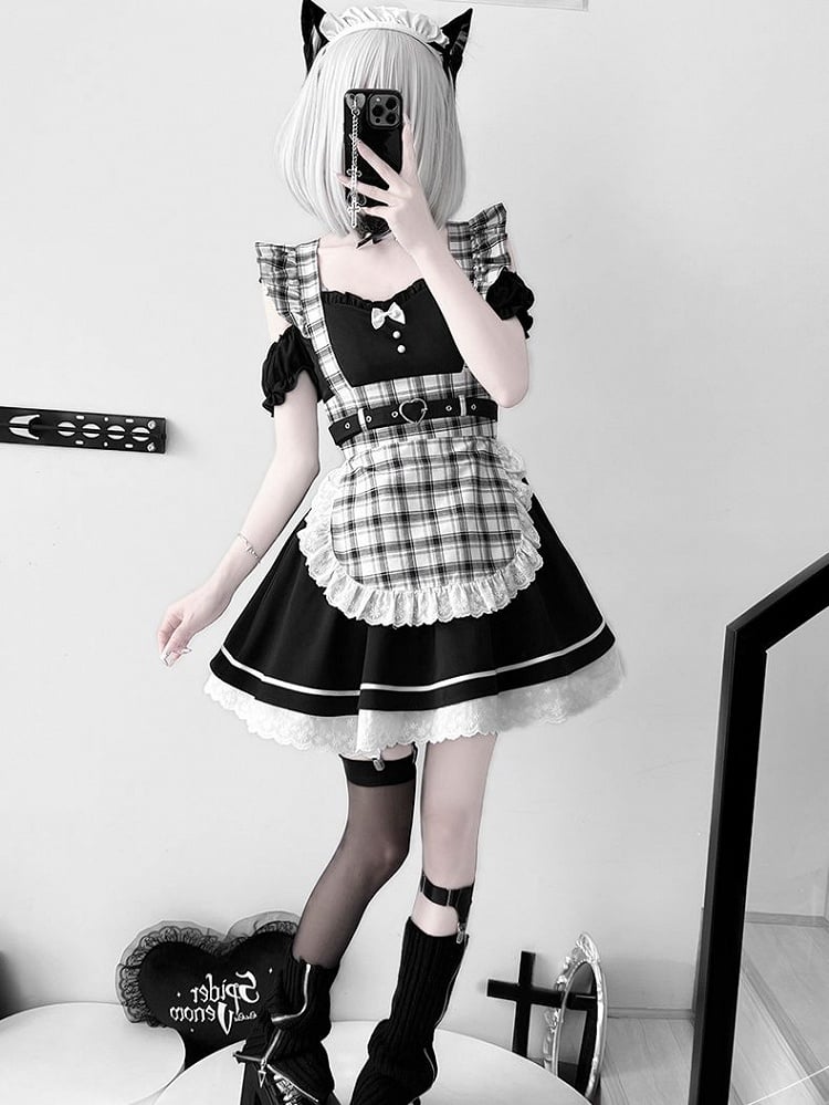 Set Black Piece + One Shoulder Plaid Cutout Apron Maid Lolita