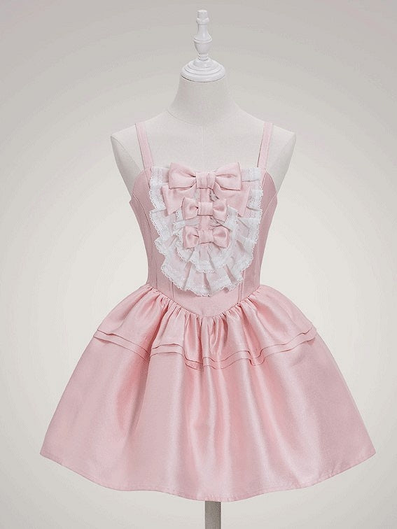 and Lolita Details with Sweet Basque Layered Lace Dress Pink Bow Waist