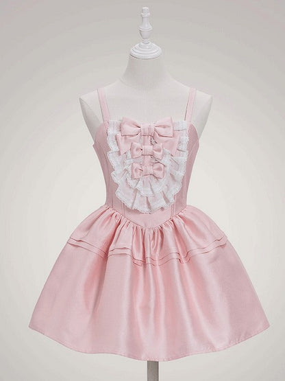 and Lolita Details with Sweet Basque Layered Lace Dress Pink Bow Waist