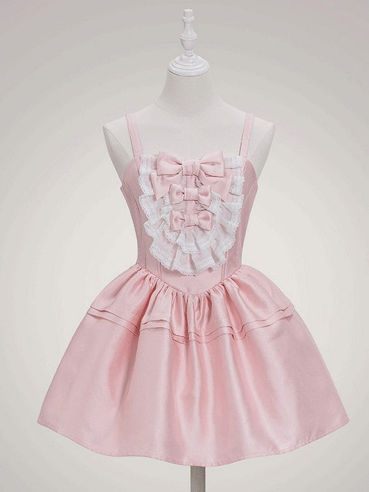 and Lolita Details with Sweet Basque Layered Lace Dress Pink Bow Waist