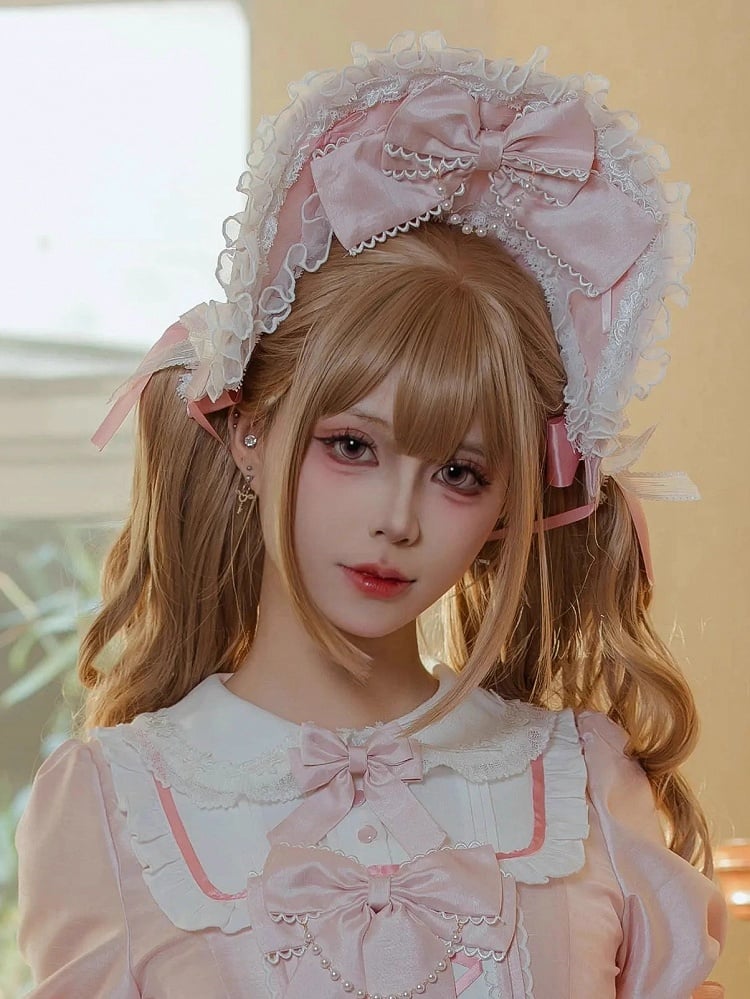 Schleifen Kleid Kette Weiß Sweet Lolita + Rosa Perle Verziert und