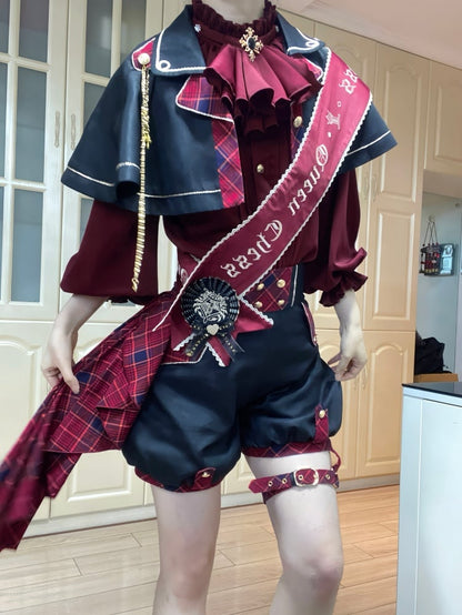 Black and Red Gryffindor Plaid Pattern Ouji Lolita Set Cape + Shorts