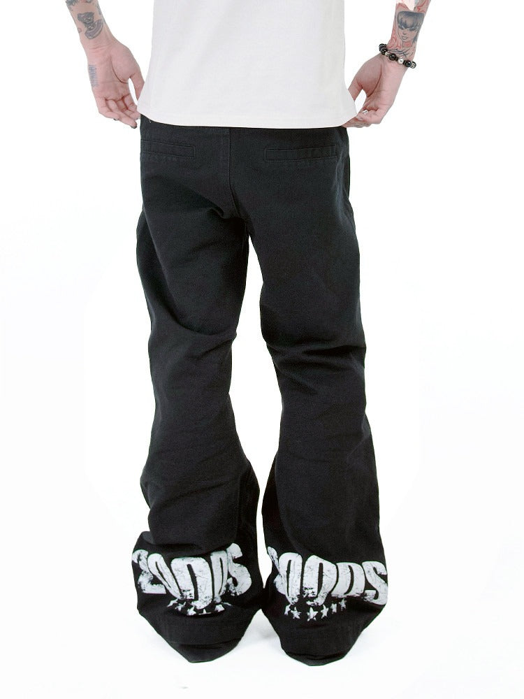 Black Cross Letter Print Curved Leg Canvas Punk Pants - DETW OnLine