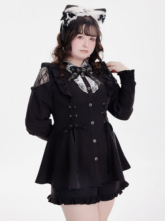 Shoulder Long Ruffle Jirai Hem Ensemble: Sleeve Black Cold Shorts Kei Top