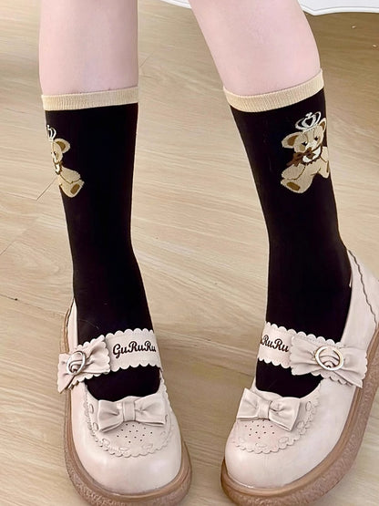 Braune Lolita-Teddysocken mit Kalbsbär-Print