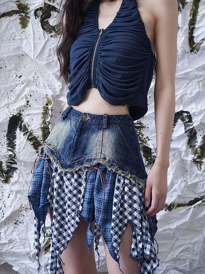 Punk Denim Patchwork Skirt with Lace-Up  Plaid Asymmetrical Hem Blue