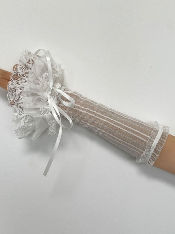 ホワイト/ブラックの袖口、ロリータレース、セルフタイ、半透明の袖、ストラップ、ストライプ、フリル