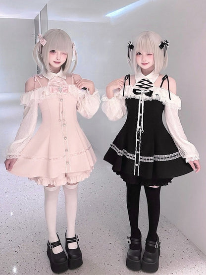 Monochrome Jirai-Kei Two-Piece Ensemble - Off-Shoulder Lace Long Sleeve Gown + Coordinating Shorts - Puppet Bombs