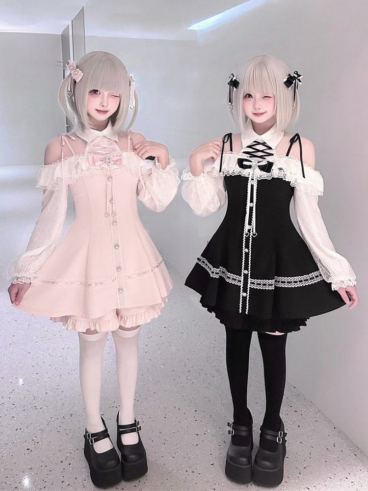 Pale Pink & White Ryousangata Two-Piece Set - Off-Shoulder Lace Long Sleeve Gown + Coordinating Shorts - Puppet Bombs