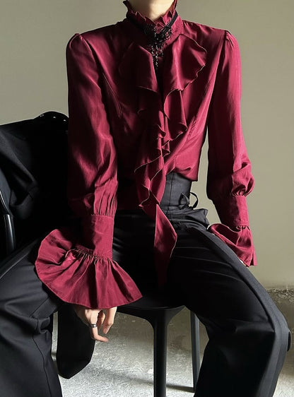 Poet Accents Lolita Vintage Sleeves Unisex Cascading Ouji with Ruffle Shirt Red