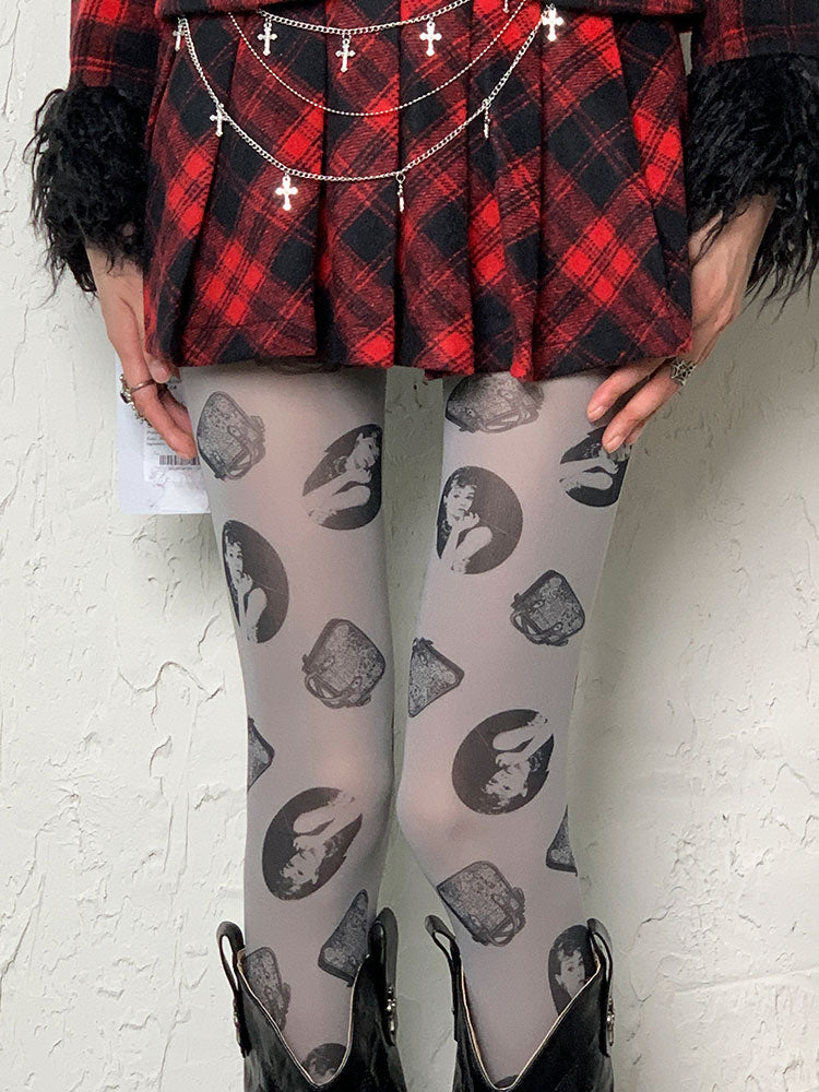 Y2K Gray Hepburn Print Tights