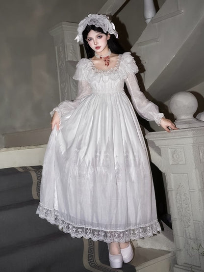 Set OP Lolita Long Goth Neckline White Version Print Full Castle Square Dress