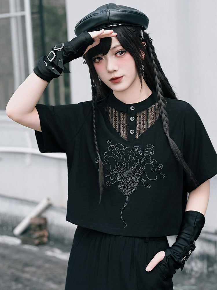 Dark Lace Patch Top with Sea Lily Stitching - Quirky Hut