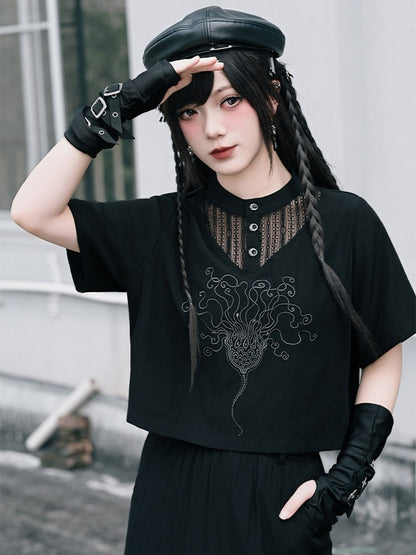 Dark Lace Patch Top with Sea Lily Stitching - Quirky Hut