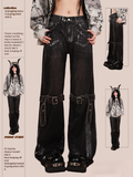 with Adjustable Knee Belt Design Waist Wide-Leg Jeans Black Low