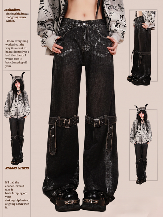 with Adjustable Knee Belt Design Waist Wide-Leg Jeans Black Low