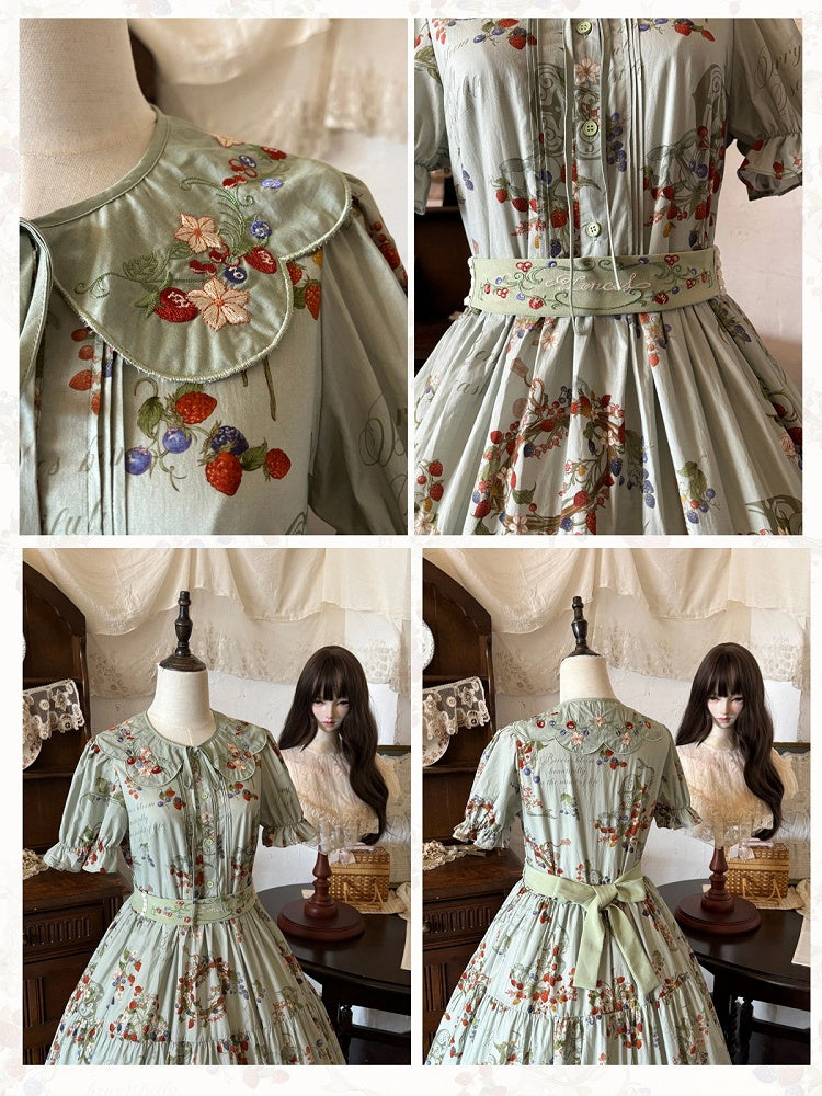 Green Berry-Themed Dress with Waist Belt and Collar Accessory - Zoncel