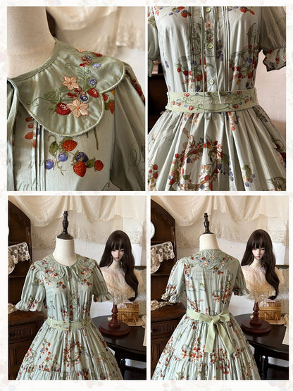 Green Berry-Themed Dress with Waist Belt and Collar Accessory - Zoncel